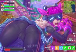 2021 absurd_res alpaca anthro ass breasts camelid clothing dimwitdog dire_(fortnite) dj_bop english_text epic_games female fennix_(fortnite) fortnite fur gameplay_mechanics genitals gloves handwear health_bar hi_res lying mammal map on_front pink_body pink_fur pussy solo text video_games visor