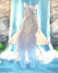 anthro bodily_fluids breasts deity fan_character female genital_fluids genitals hi_res horn looking_at_viewer nipples nude outside peeing peeing_in_water pussy small_breasts solo standing standing_pee thunderthighs unicorn_horn urinating urinating_female urination urine waterfall wings xxhericide