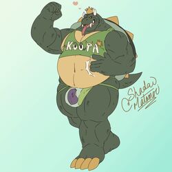 1boy 2021 absurd_res anthro anthro_only bara barazoku belly big_belly blue_background bowser bowser_day bulge clothed clothing crop_top crown dad_bod dadbod flexing forked_tongue gay heart hi_res horn jockstrap king_koopa koopa male male_only mario_(series) musclegut muscular muscular_anthro muscular_male navel nintendo open_mouth open_smile overweight overweight_anthro overweight_male scalie shadowmatamori shell shirt signature simple_background smile solo spiked_shell spikes spikes_(anatomy) standing tank_top text the_super_mario_bros._super_show! tongue tongue_out topwear underwear url video_games