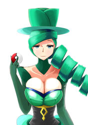 10s 1girls alternate_breast_size battle_chatelaine breasts bursting_breasts cleavage collarbone covered_erect_nipples creatures_(company) dress drill_hair elbow_gloves female game_freak gloves green_eyes green_hair hat huge_breasts large_breasts lematin_(pokemon) lips long_hair matching_hair/eyes morgan_(pokemon) nintendo nipples_visible_through_clothing poke_ball pokemon pokemon_(game) pokemon_oras pokemon_xy smile solo top_hat