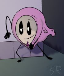 animate_inanimate anthro clothing female ganny_(character) gaytrac3r genitals grey_body hi_res hood long_labia not_furry object_shows pointed_clit purple_clothing pussy solo waddling_head