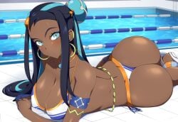 1girls ass bikini black_hair blue_eyes breasts brown_skin bubble_butt cleavage creatures_(company) dark-skinned_female dark_skin female game_freak gym_leader hair_ornament hoop_earrings huge_breasts large_ass lindaroze long_hair looking_at_viewer lying_on_stomach nessa_(pokemon) nintendo outdoors pokemon pokemon_(game) pokemon_ss pool poolside