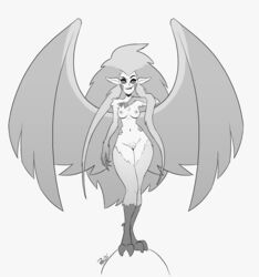 2021 absurd_res animal_humanoid avian avian_humanoid breasts disney eda_clawthorne european_mythology feathers female genitals greek_mythology greyscale harpy harpy_eda hi_res humanoid monochrome mythological_avian mythology nude pechi pussy smooth_skin solo the_owl_house wings