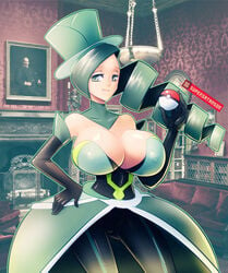 1girls alternate_breast_size ass_visible_through_thighs battle_chatelaine black_gloves breasts cleavage creatures_(company) drill_hair elbow_gloves female game_freak gloves green_hair huge_breasts latex latex_gloves latex_legwear latex_leotard lematin_(pokemon) looking_at_viewer morgan_(pokemon) nintendo no_bra pokemon pokemon_(game) pokemon_xy realistic smile solo supersatanson