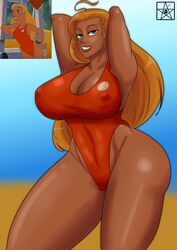 1girls armpits big_ass big_breasts big_butt big_hips big_thighs blonde_hair blue_eyes cleavage dark-skinned_female dark_skin estella_comics female female_focus female_only hourglass_figure huge_ass huge_breasts huge_butt huge_hips huge_thighs lifeguard lifeguard_(lilo_and_stitch) lilo_and_stitch looking_at_viewer mannyestella mrestella sun_tanning swimsuit tanned tanned_skin thick_thighs thighs wide_hips