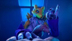 16:9 anthro bandai_namco bed bodily_fluids canid canine cum cum_inside cum_on_penis digimon digimon_(species) duo female female_anthro fox fur furniture genital_fluids genitals glowing glowing_eyes hand_on_stomach hi_res human looking_at_viewer male male/female mammal on_bed penis potato_no raised_hand renamon white_body white_fur widescreen window yellow_body yellow_fur