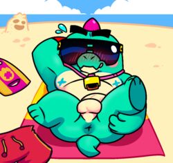 anthro balls beach beach_towel blush brawl_stars buzz_(brawl_stars) cute dinosaur floatie inviting looking_at_viewer male_only nude overweight_male scalie seaside slightly_chubby spread_legs supercell sweatdrop yaoi yukki_starr