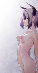 ass black_hair completely_nude dosu_(doseven) female highres horns multicolored_hair navel nipples nude original purple_eyes short_hair solo two-tone_hair white_hair