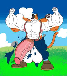 background balls big_balls big_penis domestic_cat epic_games feet fortnite furry gay happy male male_only meowscles_(fortnite) muscles naked nipples pants penis ripped_pants srosseen tail tattoo