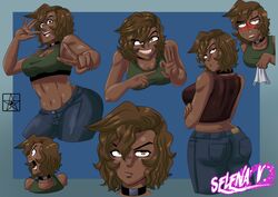 big_ass big_breasts brown_hair collar dark-skinned_female dark_skin estella_comics female female_only jeans large_ass large_breasts looking_at_viewer looking_back mannyestella mrestella original original_character piercing selena_vazquez smile