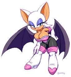 anthro big_breasts breasts cleavage clothed clothing female fur furry furry_only huge_breasts large_breasts looking_at_viewer rouge_the_bat shortstack simmsy small_but_busty smile solo sonic_(series) standing wings