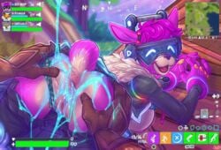 2021 absurd_res alpaca ambiguous_fluids ambiguous_gender anthro anus ass breasts camelid clothing clothing_aside dimwitdog dire_(fortnite) dj_bop english_text epic_games female female/ambiguous fennix_(fortnite) fortnite fur gameplay_mechanics genitals gloves hand_on_butt handwear health_bar hi_res lying mammal map nipples on_front open_mouth open_smile panties panties_aside pink_body pink_fur pussy smile solo spread_anus spread_butt spreading text underwear underwear_aside video_games visor