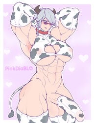 1futa 2021 abs absurd_res animal_humanoid arms_up balls biceps big_balls big_breasts big_penis bottomless breasts cleavage_cutout clothed clothing condom cow_girl cow_print elbow_gloves futa_only futanari genitals gloves grey_hair hair heart hi_res horn humanoid humanoid_penis intersex legwear light-skinned_futanari light_skin mammal muscular muscular_futanari muscular_intersex nipple_outline pale_skin partially_clothed penis pinkdiablo quads sexual_barrier_device solo standing thigh_highs thighhighs triceps under_boob