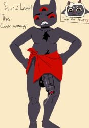 animal_humanoid anthro big_penis bovid caprine cat_humanoid clothing cult_of_the_lamb duo english_text felid felid_humanoid feline feline_humanoid genitals hi_res humanoid ineffective_clothing lamb_(cult_of_the_lamb) len9761 male mammal mammal_humanoid massive_monster_(studio) penis sheep shy text the_one_who_waits
