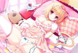 1girl animal_ears animal_hands bed bell blurry blurry_background bow bow_panties breasts breasts_out clothes_lift collar curtains dress dress_lift frilled_pillow frills gloves hair_ornament hairclip heart heart-shaped_pillow lifting_own_clothes lying midriff_peek neck_bell nipples no_bra on_back orange_hair original panties paw_gloves pillow pink_dress red_eyes shiwasu_horio short_hair side-tie_panties sleeveless solo spread_legs stuffed_toy tail thighhighs underwear white_panties white_thighhighs window