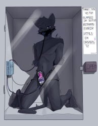 3_toes abandonment_play anthro arms_tied bdsm black_body black_fur bodily_fluids bondage bound cum cum_circulation cum_in_mouth cum_in_own_mouth cum_in_self cum_inside digital_display domestic_cat door english_text erection feet felid feline felis fur genital_fluids genitals glass glass_door hair hands_behind_back hi_res imprisoned kneeling male mammal mask one_eye_closed penile penis penis_milking penis_milking_machine polyhazards purple_eyes shaking shivering signature solo text toes