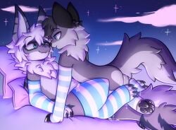 2025 after_kiss anthro appliei armwear black_claws black_pawpads blue_eyes bodily_fluids butt canid canine canis claws clothing colored cum cum_on_butt cum_on_leg digital_drawing_(artwork) digital_media_(artwork) duo eye_contact face_to_face fur genital_fluids grey_body grey_fur hair hi_res legwear looking_at_another lying male male/male mammal pattern_armwear pattern_clothing pattern_legwear pawpads paws pillow saliva saliva_string shaded short_hair sky smile snout striped_armwear striped_clothing striped_legwear stripes tail white_body white_fur wolf