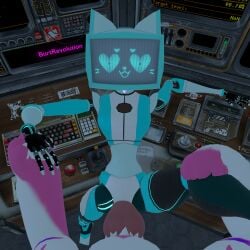 1:1 3d_(artwork) absurd_res anthro blender_(artwork) blue_body blue_eyes burtrevolution burtrevolution_(burtrevolution) canid canine digital_media_(artwork) duo felid feline female first_person_view fox fur genitals hand_holding heart_eyes heart_symbol hi_res kerfur_omega_(votv) leg_grab legs_up looking_at_viewer machine male male/female mammal penetration penis pink_body pink_fur robot sex square_(anatomy) voices_of_the_void white_body white_fur