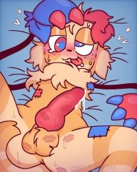 anthro blushcrunch_studio bodily_fluids canid canine cum cum_on_penis dandy's_world excited genital_fluids genitals goob_(dandy's_world) heart_symbol hi_res just_squidding kiss_mark_on_penis kissing love male mammal nude penis pose roblox solo solo_focus solo_in_panel