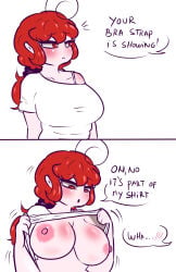 1girl 1girls 2d 2d_(artwork) blush blushing_female boobs boobs_bigger_than_head boobs_out bouncing_breasts bra_strap bra_strap_is_showing_(meme) breasts breasts_out bubble_text cute_face faceless_male female female_focus female_only flashing flashing_breasts oc original_artwork original_character red_eyes red_hair shirt_lift skittydrawings tits