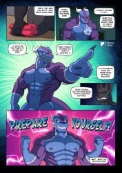 absurd_res anthro anthro_penetrating big_penis blue_body blue_eyes blue_penis bodily_fluids claws cock_drop comic cum dialogue e-zoid electricity english_text feet genital_fluids genitals hi_res horn humanoid_genitalia kiddie_jukes lightning male muscular muscular_anthro muscular_male mythological_creature mythological_scalie mythology nails nipples non-mammal_nipples nude pecs penetration penis piercing scalie sharp_nails sharp_toenails shocked tail text toenails toes triceps vanta_(e-zoid) zoid_(e-zoid)