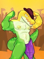 bulge bulge_through_clothing cody_lane cowboy_hat flexing furry gummigoo_(the_amazing_digital_circus) muscular_male reptile tagme the_amazing_digital_circus