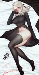 1girl adam_(wttg) belly belly_bulge belly_button big_breasts black_dress black_gloves black_stockings blonde_female blonde_hair blood_on_face blood_stain blue_eyes blush_lines blushing bow_ribbon dakimakura dakimakura_design gloves meinkatzchen plush_toy selina_(meinkatzchen) smile smiling_at_viewer stockings thick_thighs wet wet_pussy without_panties