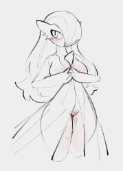 2023 anthro blush bodily_fluids clothing dress female fluffy fluffy_hair gardevoir generation_3_pokemon genital_fluids genitals hair hair_over_eye hands_together line_art long_hair looking_aside monochrome nintendo pokemon pokemon_(species) pose probablyavv restricted_palette small_waist solo standing thick_thighs translucent translucent_clothing vaginal_fluids vulva