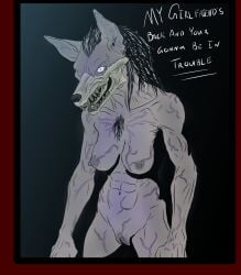 2026 abs anthro areola black_hair border breasts canid canine chest_tuft clitoris colored_vein english_text fangs female genitals hair hi_res looking_at_viewer mammal navel nipples nude purple_veins red_border sharp_teeth skull_mouth solo teeth text tuft undead vein veiny_body veiny_breasts veiny_pussy wallcroft666