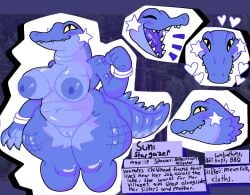 alligator alligatorid american_alligator anthro areola black_eyes blue_areola blue_body blue_nipples blue_scales bracelet crocodilian english_text eyelashes eyes_closed female front_view genitals heart_symbol hi_res jewelry mschaox6 navel nipples nude pupils reptile scales scalie slit_pupils smile solo star_accessory text thick_thighs vulva wide_hips yellow_sclera