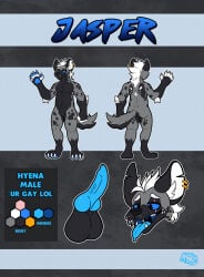 2021 anthro arm_tuft awoogasm balls blue_penis bodily_fluids butt claws ear_piercing ear_ring elbow_tuft fangs front_view full-length_portrait fur genitals hair half-closed_eyes headshot_portrait hi_res hyena inner_ear_fluff jasper_(awoogasm) male mammal model_sheet mouth_closed narrowed_eyes navel notched_ear nude nude_anthro nude_male open_mouth paws pecs penis piercing portrait rear_view ring_piercing saliva saliva_on_tongue saliva_string signature smile solo tail teeth tongue tongue_out tuft