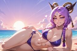 1girls abs ai_generated beach bikini braids breasts fake_horns forehead_jewel full_body grin hair_ornament heavenly_art large_breasts league_of_legends looking_at_viewer lying_on_side purple_eyes purple_hair riot_games solo yunara yunara_(league_of_legends)
