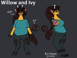 2026 4:3 anthro artist_collaboration bottomwear clothed clothing digital_media_(artwork) english_text eyewear female generation_2_pokemon girafarig glasses hi_res hooves mermaid_jupiter model_sheet nintendo pants pokemon pokemon_(species) rockpankake shirt simple_background slightly_chubby slightly_chubby_female solo standing t-shirt text topwear wearing_glasses yellow_body