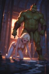 ai_generated big_penis breasts breasts_out collar cum cum_in_mouth disney disney_princess elsa_(frozen) frozen_(film) frozen_2 heels huge_cock leash on_all_fours orc orc_male orc_on_human white_stockings