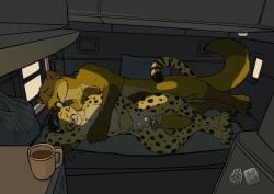 2025 anthro anthro_on_anthro bed black_hair body_hair cheetah chest_hair dated duo erection eyes_closed felid feline foreskin front_view fur furniture genitals gloves_(marking) hair hufnaar humanoid_genitalia humanoid_penis inside kyyanno leg_markings lying male male/male mammal markings mouth_closed mustelid musteline nude on_bed on_side penis pubes short_hair sleeping socks_(marking) spooning spots spotted_arms spotted_legs spotted_markings spotted_tail striped_markings striped_tail stripes tail tail_markings true_musteline weasel weaselgrease_(character) whiskers yellow_body yellow_fur yellow_penis