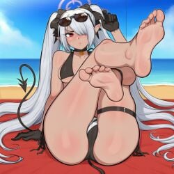 ai_generated anus_peek ass barefoot beach bikini blue_archive cameltoe dark-skinned_female dark_skin feet feet_focus feet_up female_only gloves hair_ribbon iori_(blue_archive) iori_(swimsuit)_(blue_archive) leg_strap legs_up medium_breasts one_eye_covered outdoors red_eyes self_upload sitting solo solo_female string_bikini sunglasses swimsuit tail thigh_strap thighs toes twintails underboob very_long_hair white_hair