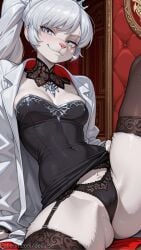 1girl ai_generated black_dress black_panties black_thighhighs blue_eyes breasts cameltoe cleavage clothes_lift covered_navel decurse dress furry furry_female jewelry long_hair looking_at_viewer medium_breasts panties patreon_username ponytail rwby scar scar_across_eye scar_on_face shiny short_dress sitting smile solo spread_legs strapless strapless_dress thighhighs underwear weiss_schnee white_hair