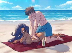 1boy 1girls ass beach dark-skinned_female looking_at_viewer massage mesiasart sand shorts swimsuit