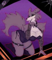 1girls 2023 anthro beastars bent_forward black_background black_lips breasts brown_fur brown_hair bunnysuit canine chubby chubby_female cleavage ear_piercing facial_piercing female female_only furry juno_(beastars) neodrani on_knees orange_background piercing purple_background purple_eyes purple_eyeshadow tan_fur thick_thighs thighs tongue tongue_out wolf wolf_girl