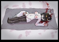 absurd_res anthro bilibiliupjiamou black_border black_clothing black_footwear black_socks blood bodily_fluids border canid canine clothing corpse crowskull death eyes_close female footwear fox fur grey_hair hair hat headgear headwear hi_res horn mammal mrs.jiamou_(bilibiliupjiamou) socks solo tongue tongue_out white_body white_fur