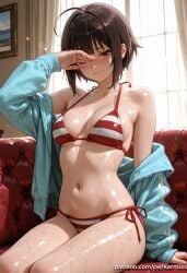 1girl ahoge ai_generated bangs bare_shoulders bikini blue_jacket blush breasts brown_hair cleavage closed_mouth collarbone couch curtains day halterneck indoors jacket kermixx kono_subarashii_sekai_ni_shukufuku_wo! long_sleeves looking_at_viewer medium_breasts megumin navel off_shoulder on_couch one_eye_closed open_clothes open_jacket red_bikini red_eyes shiny shiny_skin short_hair side-tie_bikini_bottom sidelocks sitting smile solo stomach string_bikini striped striped_bikini sunlight swimsuit thighs wet window
