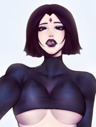 dc_comics licking_lips partially_exposed_breasts purple_lipstick rachel_roth raven_(dc) solo solo_female suggestive_look teen_titans underboob