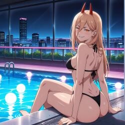 ai_generated bikini black_bikini chainsaw_man female female_only phibsai pool poolside power_(chainsaw_man) sitting tagme