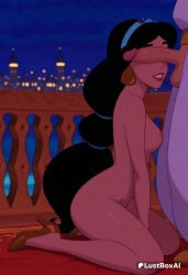 1boy 1boy1girl 1girls ai_generated aladdin aladdin_(1992_disney_film) black_hair breasts brown_footwear clothed_male_nude_female completely_nude dark-skinned_female dark_skin earrings erection female from_side hairband hetero hi_res high_heels jewelry kneeling lips long_hair low-tied_long_hair lustboxai medium_breasts multi-tied_hair night night_sky nipples nude outdoors pants parted_lips penis penis_on_face princess_jasmine red_lips sitting sky smile solo_focus starry_sky testicles uncensored very_long_hair
