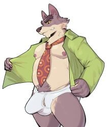 accessory anthro areola ball_bulge barely_visible_genitalia barely_visible_penis big_bulge black_eyes body_hair briefs brown_body brown_fur bulge canid canine canis clothed clothing dale_donovan_(friends_vs_friends) detailed_bulge eyebrows fingers friends_vs_friends frown fur genital_outline genitals green_clothing green_jacket green_topwear happy_trail hi_res humanoid_hands jacket jrjresq looking_down male mammal musclegut muscular necktie nipples open_clothing open_jacket open_topwear pecs penis penis_outline portrait pubes simple_background solo standing tan_body tan_fur three-quarter_portrait topwear underwear undressing white_background white_briefs white_clothing white_underwear wolf yellow_sclera