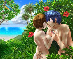 1boy 1girls blue_eyes blue_hair brown_eyes brown_hair completely_nude female kaito male meiko nude outdoors short_hair straight tagme vocaloid