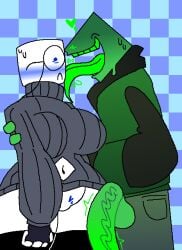 1boy1girl 2d 2d_(artwork) 2d_artwork art_trade belly_button blush blushing boobs breast_bulge breasts cock dick ferman ferman_(robloxian) glasses green_body green_clothing green_penis green_skin hearts licking oc original_character penis pussy roblox robloxian self_insert sweat sweatdrop sweater sweating sweaty throbbing_penis tongue tongue_out vagina vein veins veiny_penis white_body white_skin