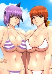 2girls ayane_(doa) beach big_breasts bikini breast_press breasts breasts_out brown_eyes brown_hair dead_or_alive exposed_breasts female kasumi_(doa) large_breasts long_hair looking_at_viewer multiple_girls ponytail purple_hair purple_swimsuit red_eyes short_hair swimsuit white_swimsuit