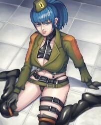 1girls aashinasai big_breasts blue_eyes blue_hair costume huge_breasts king_of_fighters latex leather leona_heidern light-skinned_female light_skin long_hair pale-skinned_female pale_skin ponytail snk_heroines:_tag_team_frenzy thick_thighs voluptuous voluptuous_female