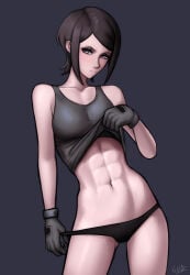 1girl 1girls abs clothing danganronpa gloves gray_background looking_at_viewer midriff mukuro_ikusaba shirt_lift tank_top xystim xystim_(artist)